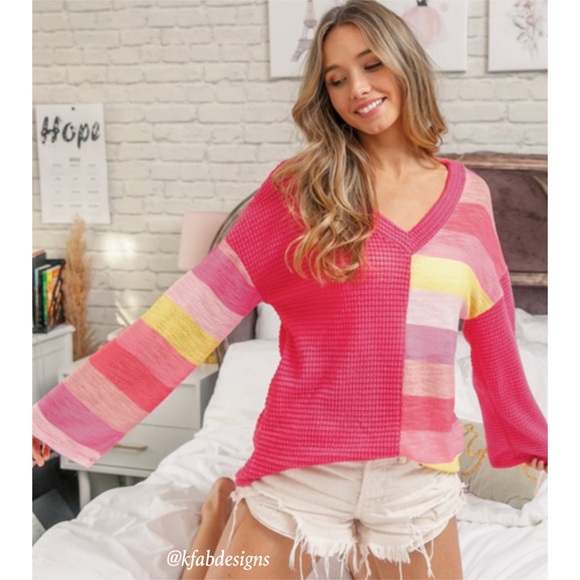 LAST 1! Fuchsia V Neck Lightweight Waffle Knit Color Block Top! - Picture 6 of 13